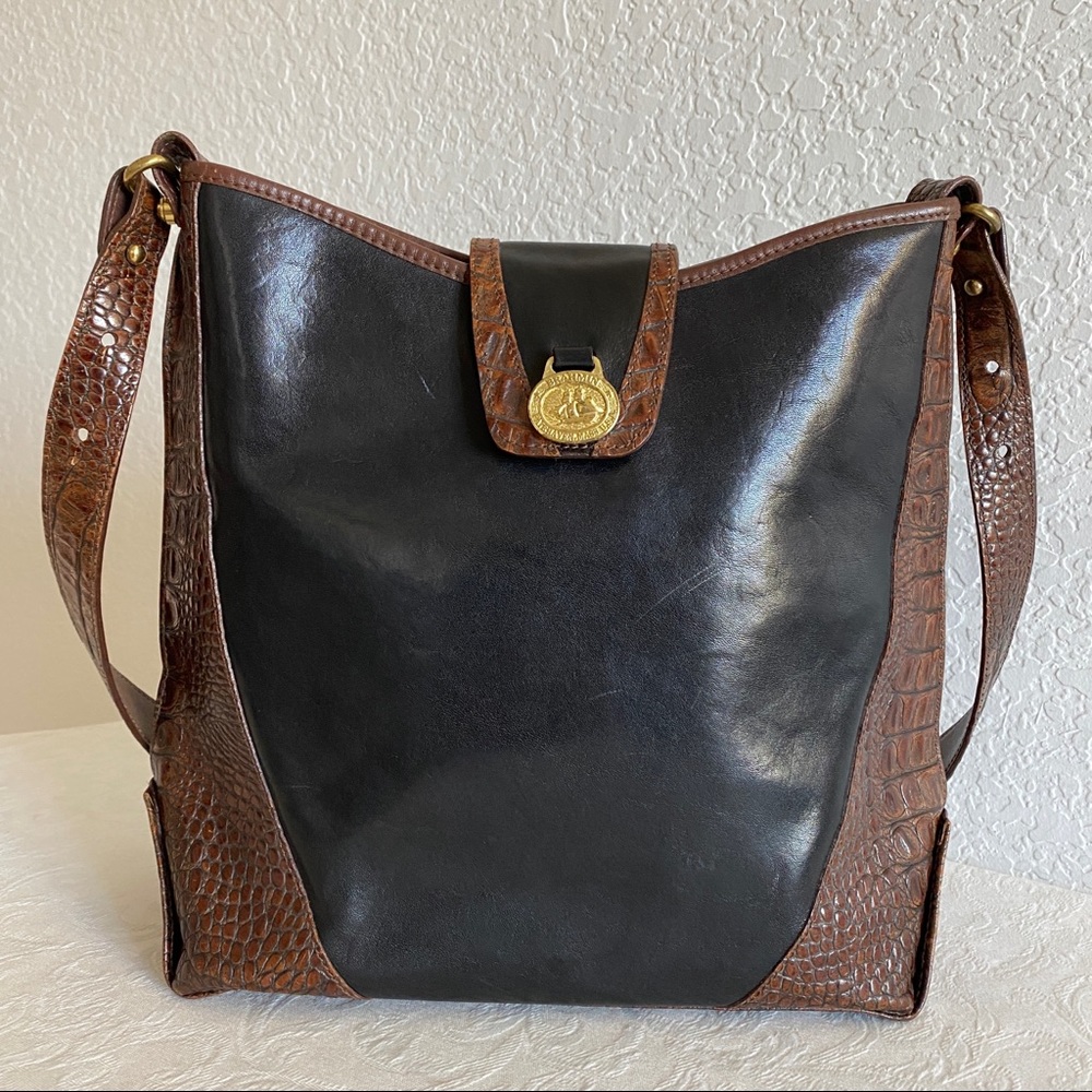 Brahmin black brown croc bucket bag